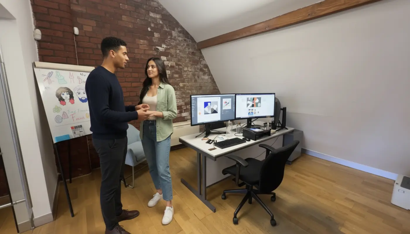 Zak and Sara discussing a design layout together in a UK creative workspace.