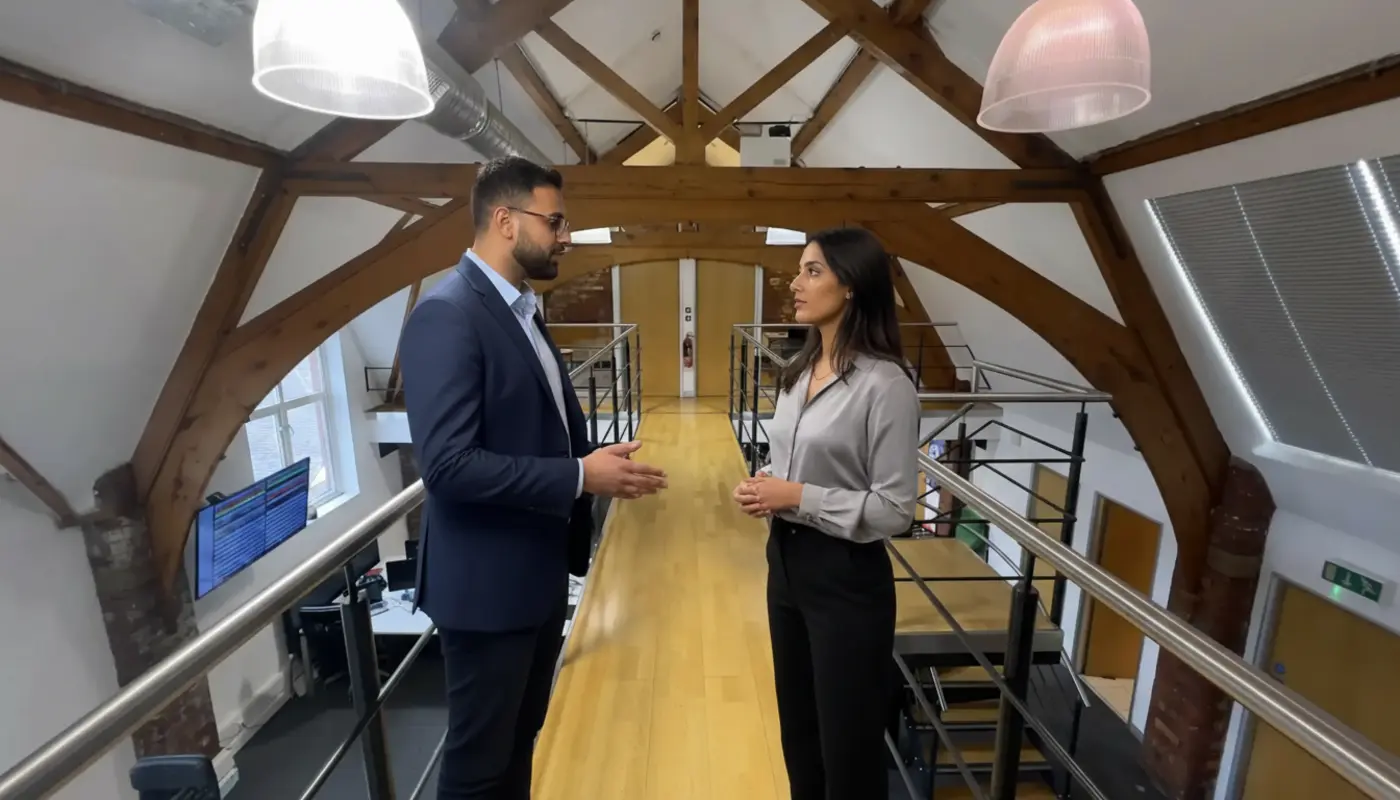 Omer and Sara discussing AI strategy inside a modern UK office, captured mid‑discussion.