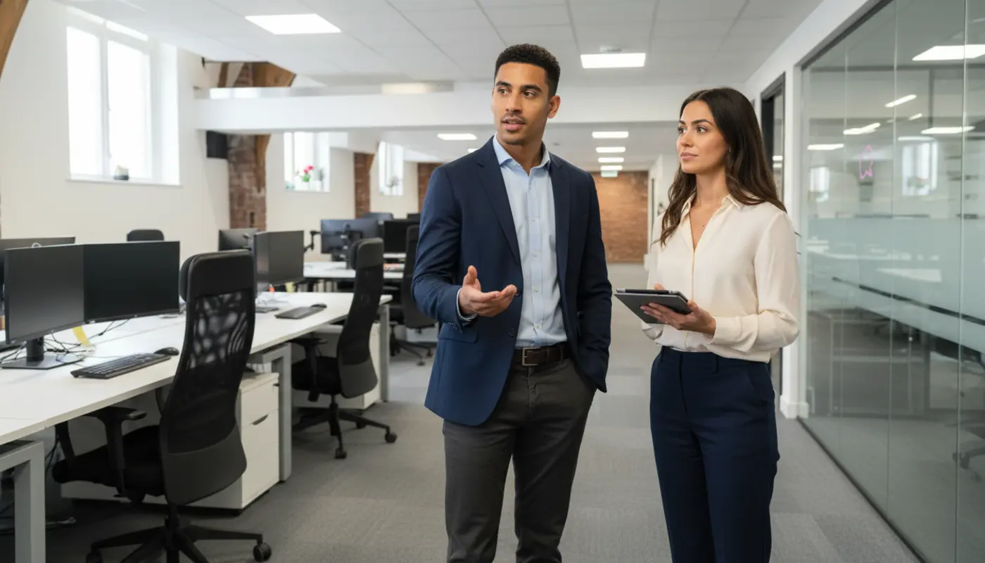Zak and Sara discussing business matters inside a modern UK office.
