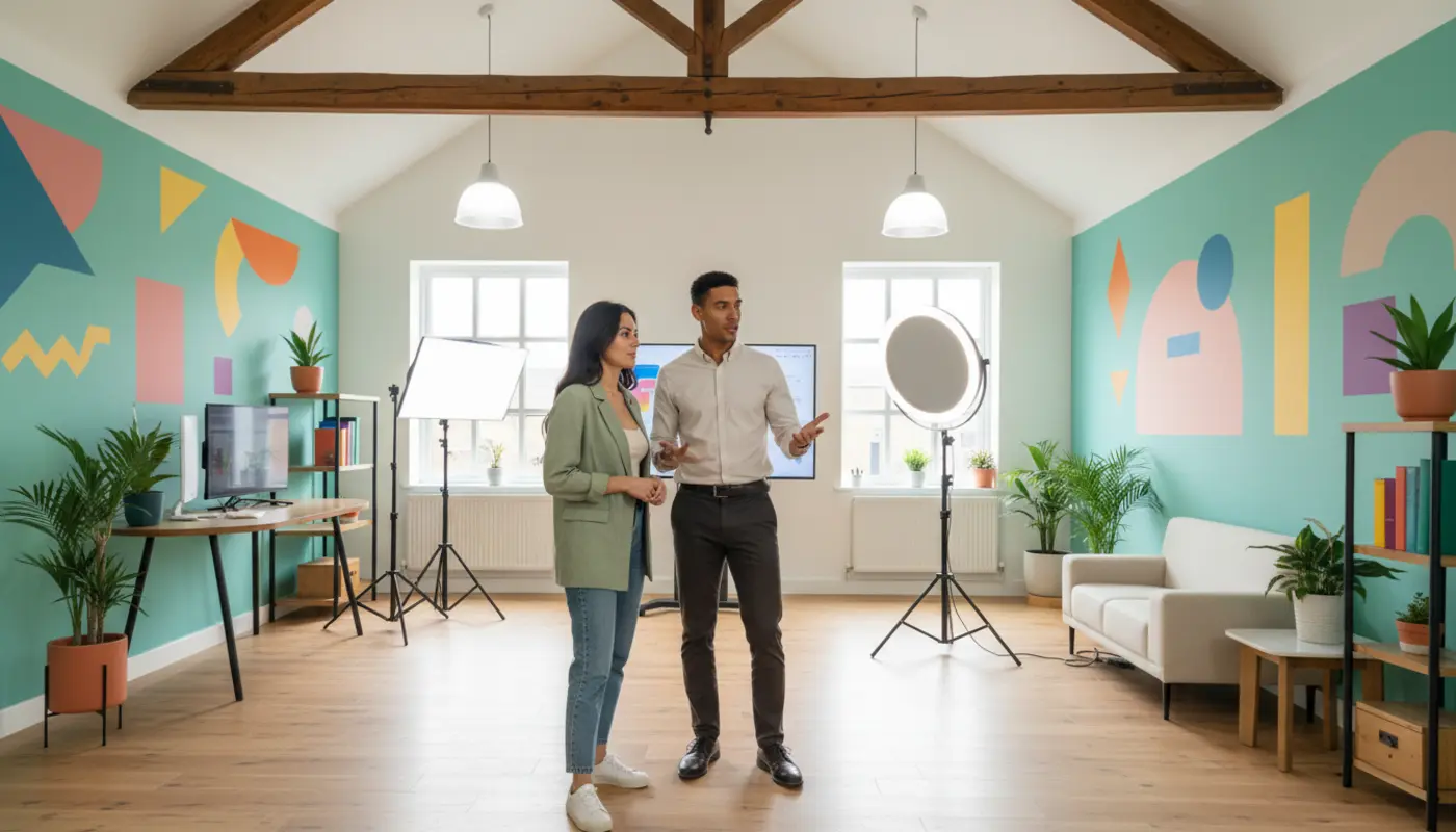 Zak and Sara discussing social media work inside a UK creator studio.