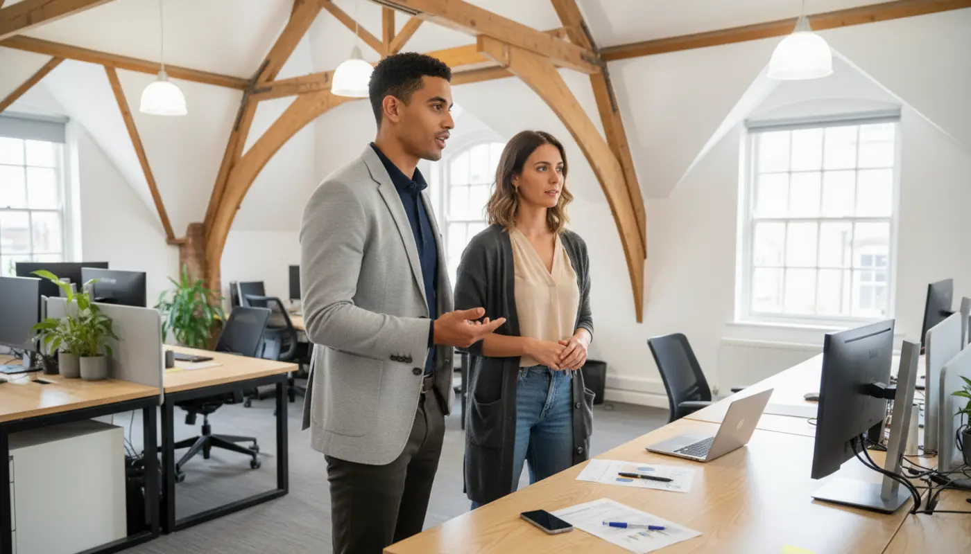 Zak and Sara discussing a business task inside a UK office.