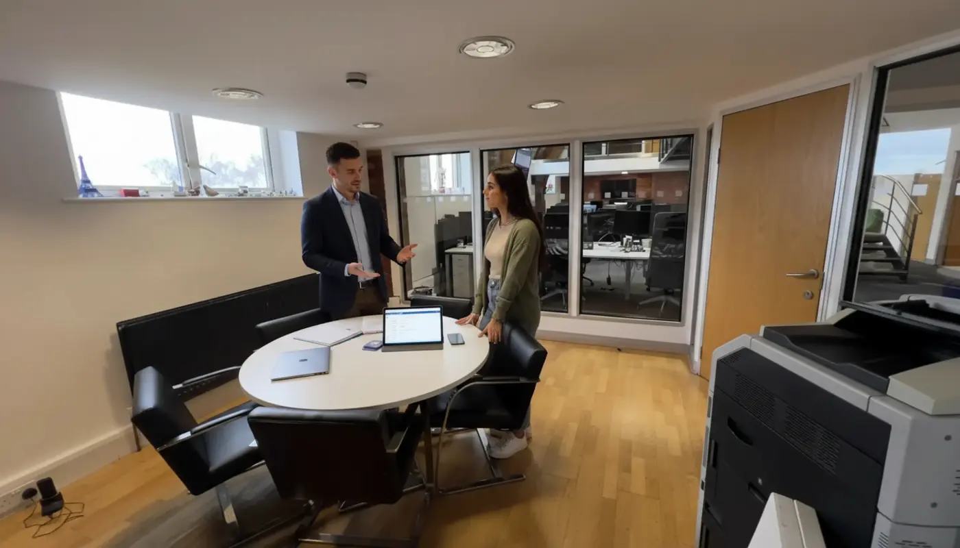 Adam and Sara discussing CRM workflows in a UK office environment.