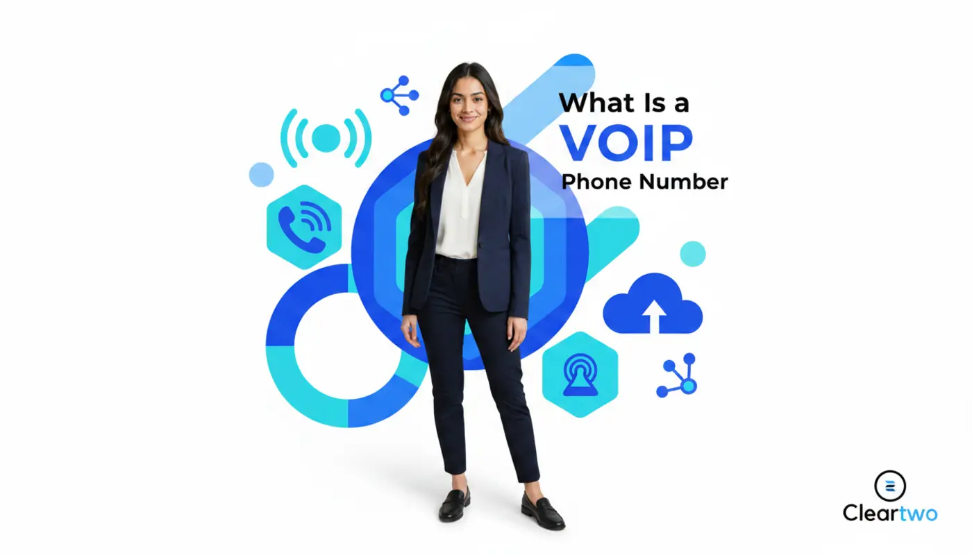 Sara posed confidently in front of a bright geometric VoIP‑themed illustrated background.