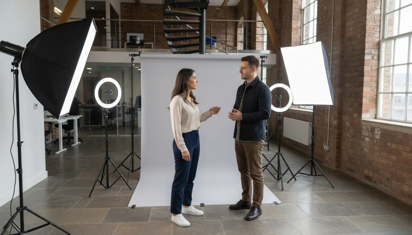 Sara and Adam discussing TikTok Shop access inside a UK creator studio.