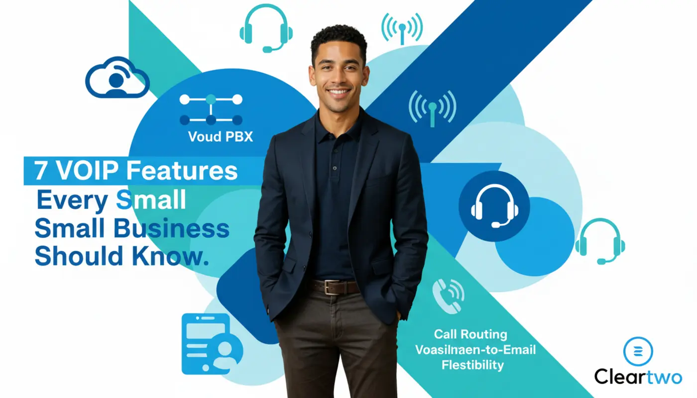 Zak standing confidently before a bright geometric VoIP‑themed illustrated background with bold telecom icons.