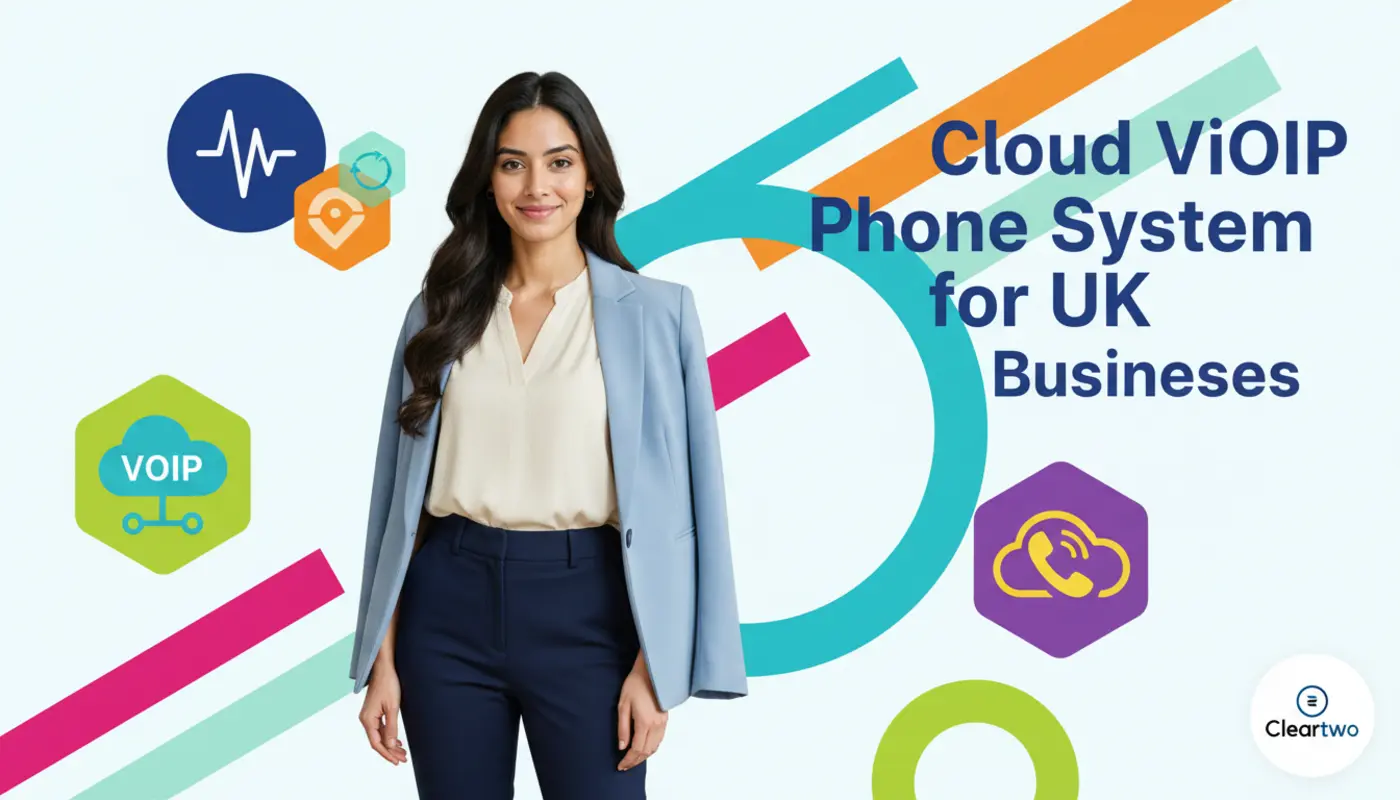 Sara in a bright geometric VoIP‑themed hero image representing cloud phone systems for UK businesses.