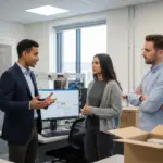 Zak, Sara, and Adam discussing cybersecurity work inside a UK school IT support room.