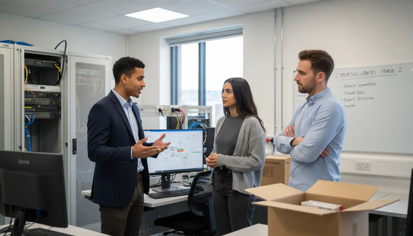 Zak, Sara, and Adam discussing cybersecurity work inside a UK school IT support room.