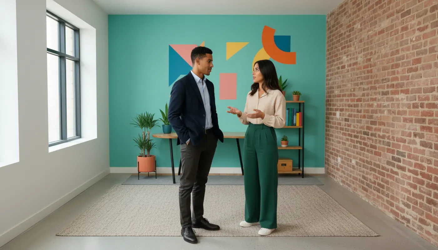 Zak and Sara discussing social media strategy inside a UK creator studio.