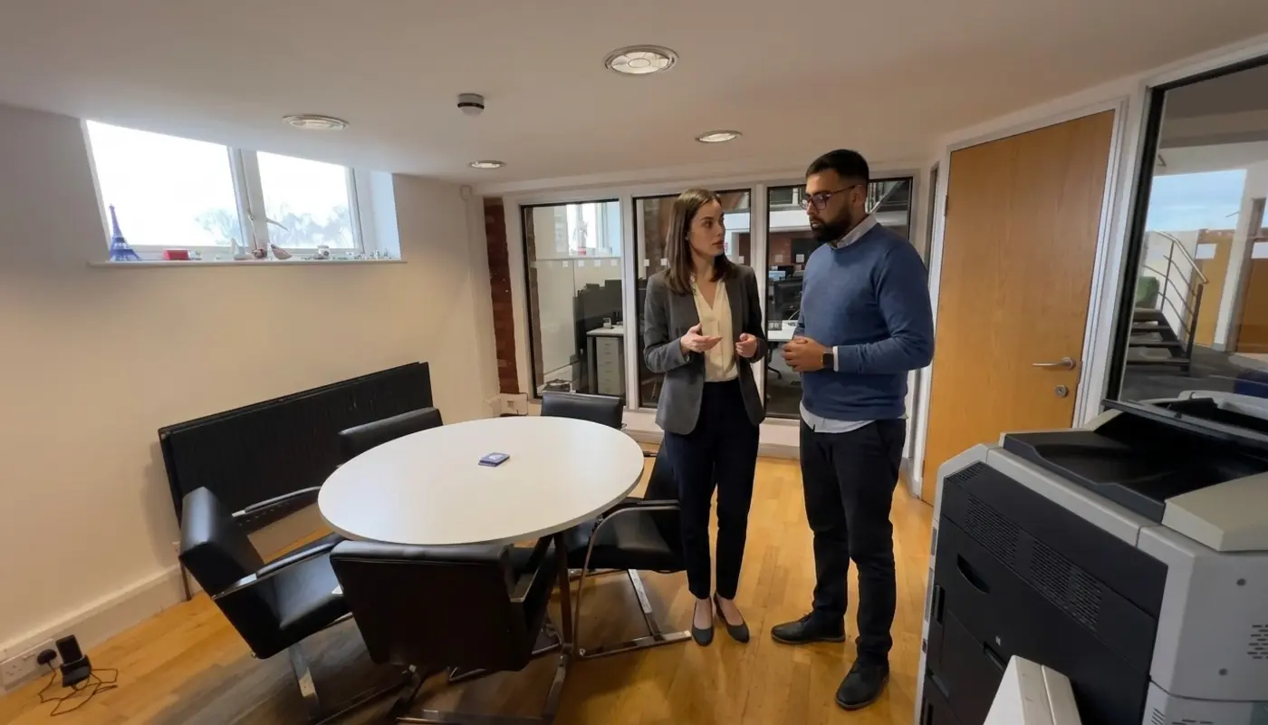 Two professionals discuss TikTok Shop application steps while standing in a Cleartwo office corridor.