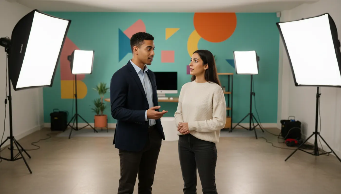 Zak and Sara discussing TikTok Shop content inside a UK creator studio.