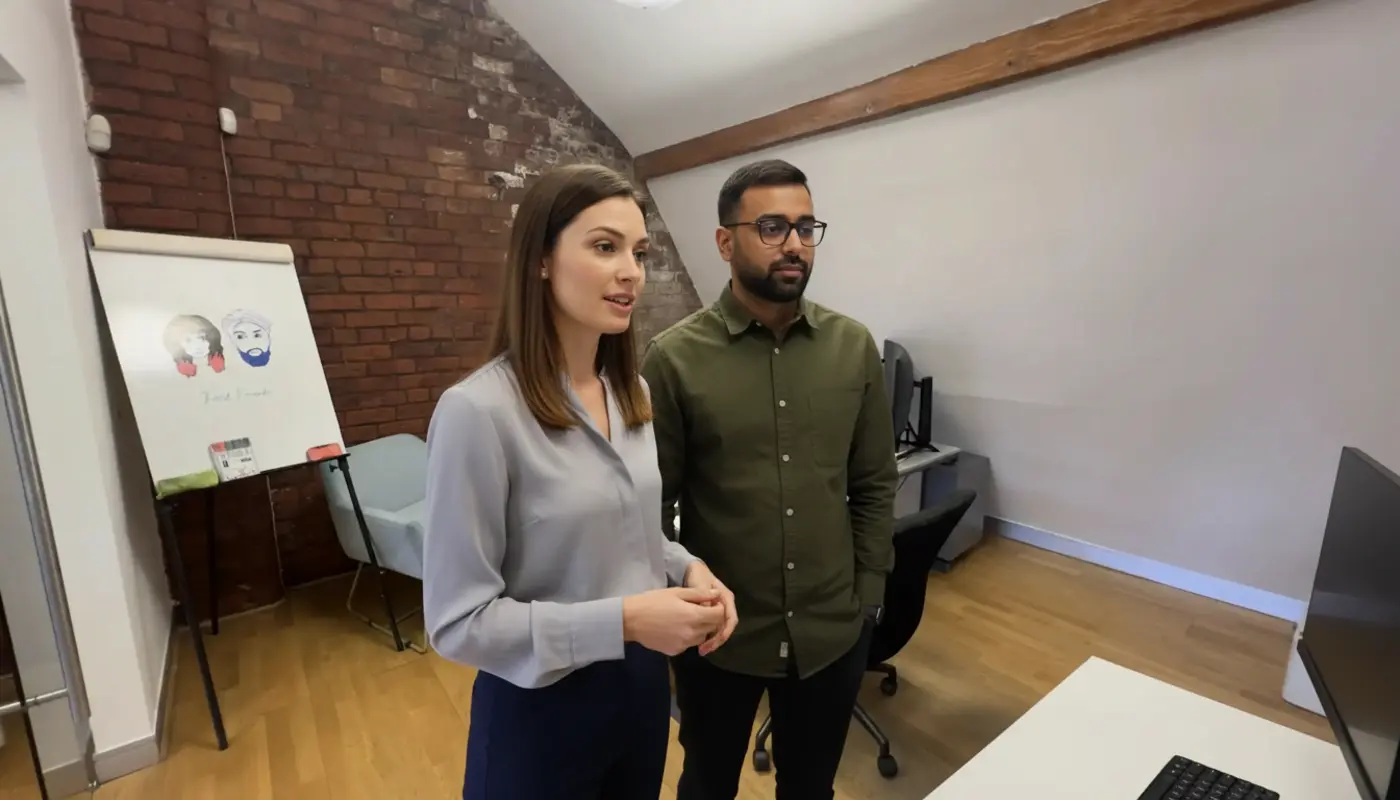 Jessica and Omar discussing B2B digital marketing inside a UK office, mid‑conversation.