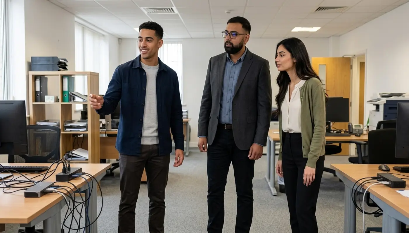 Three professionals review a small business office area during an on-site IT support check to prevent downtime.