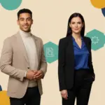 Zak and Jessica stand before a geometric timeline‑themed backdrop representing the duration of selling a UK digital agency.