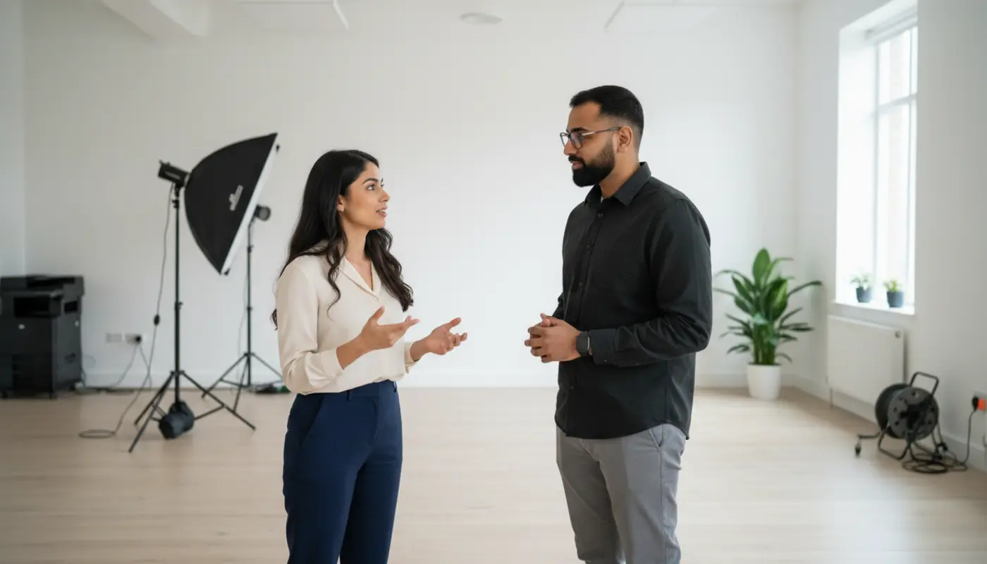 Sara and Omar collaborating inside a UK creator studio discussing TikTok ad strategy.