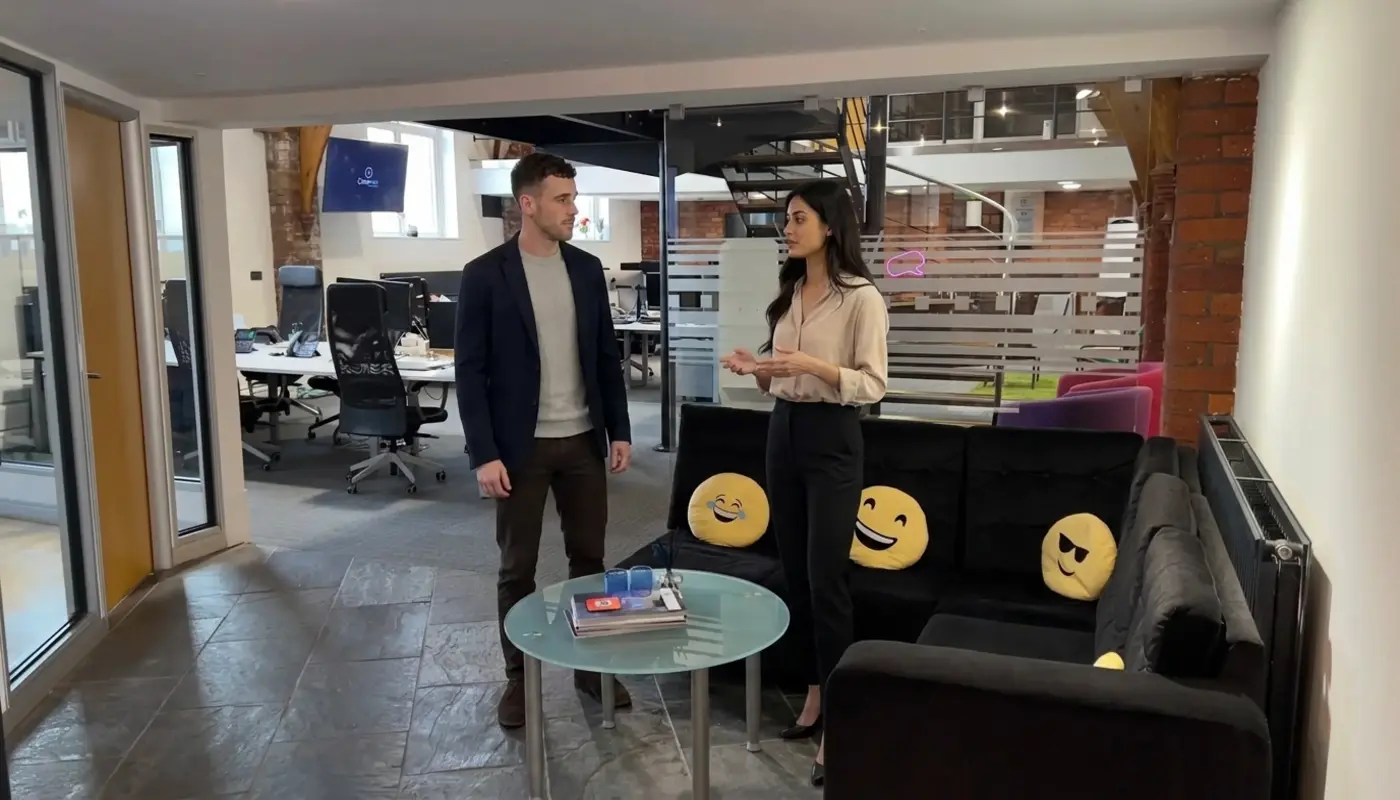Two professionals walk through a UK office discussing project planning for Shopify website development.
