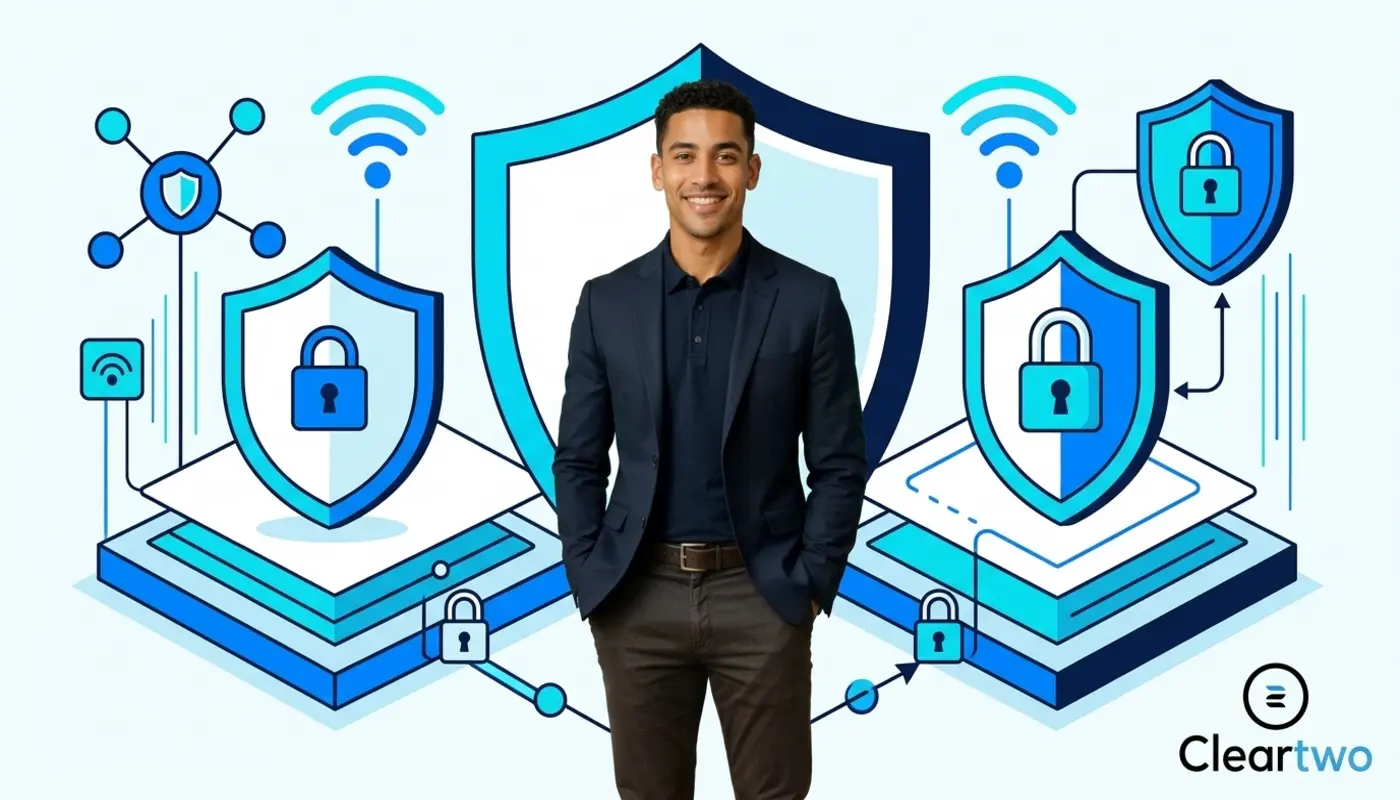 Zak stands before bold security graphics illustrating secure business VoIP in 2026.
