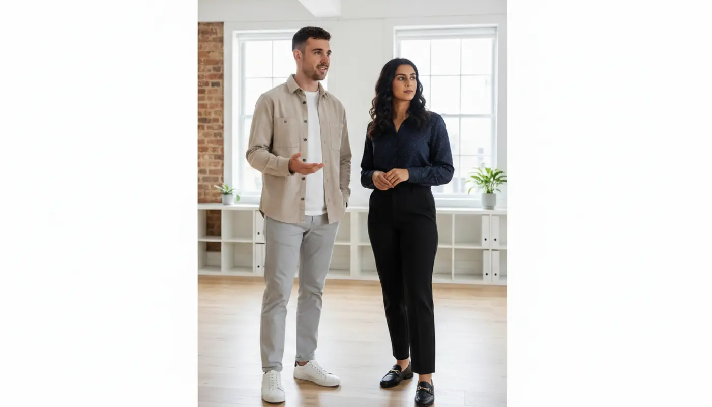 Adam and Sara in a UK creative studio discussing logo direction for a startup.
