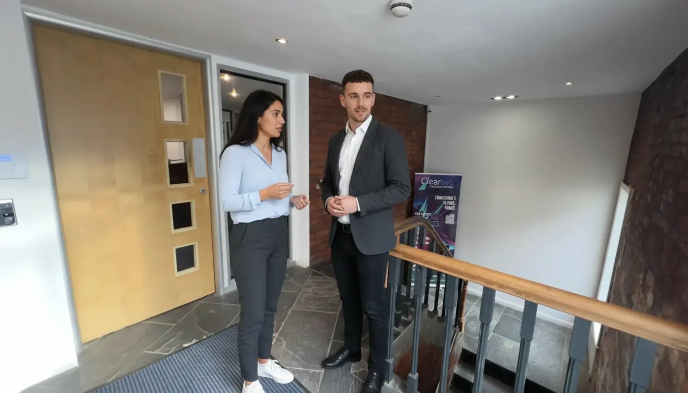Sara and Adam discussing keyword strategy inside a UK office.