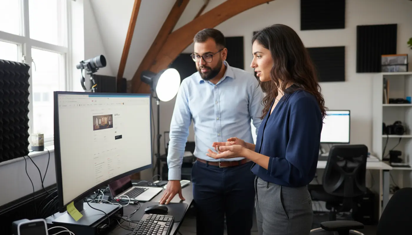 Omer and Sara collaborating inside a UK content creator studio, discussing setup placement.