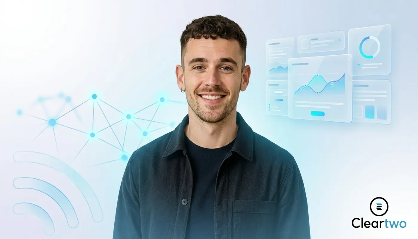 Editorial portrait of Adam with premium VoIP graphics showing cost‑saving cloud communication themes.
