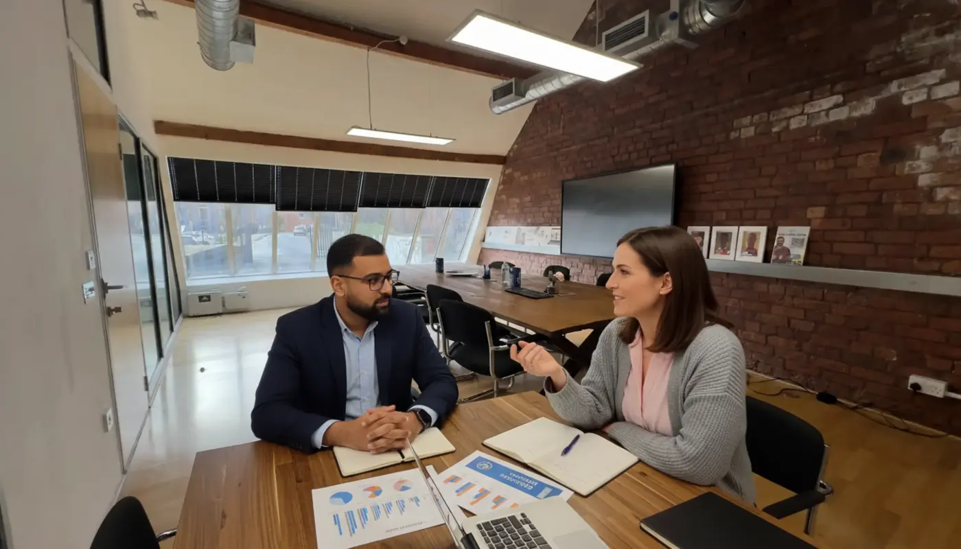 Omar and Jessica discussing SEO improvements inside a UK office during a natural working moment.