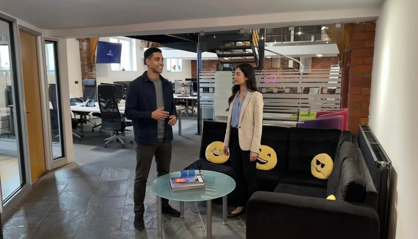 Two colleagues discuss small business website planning while reviewing details inside a modern UK office.