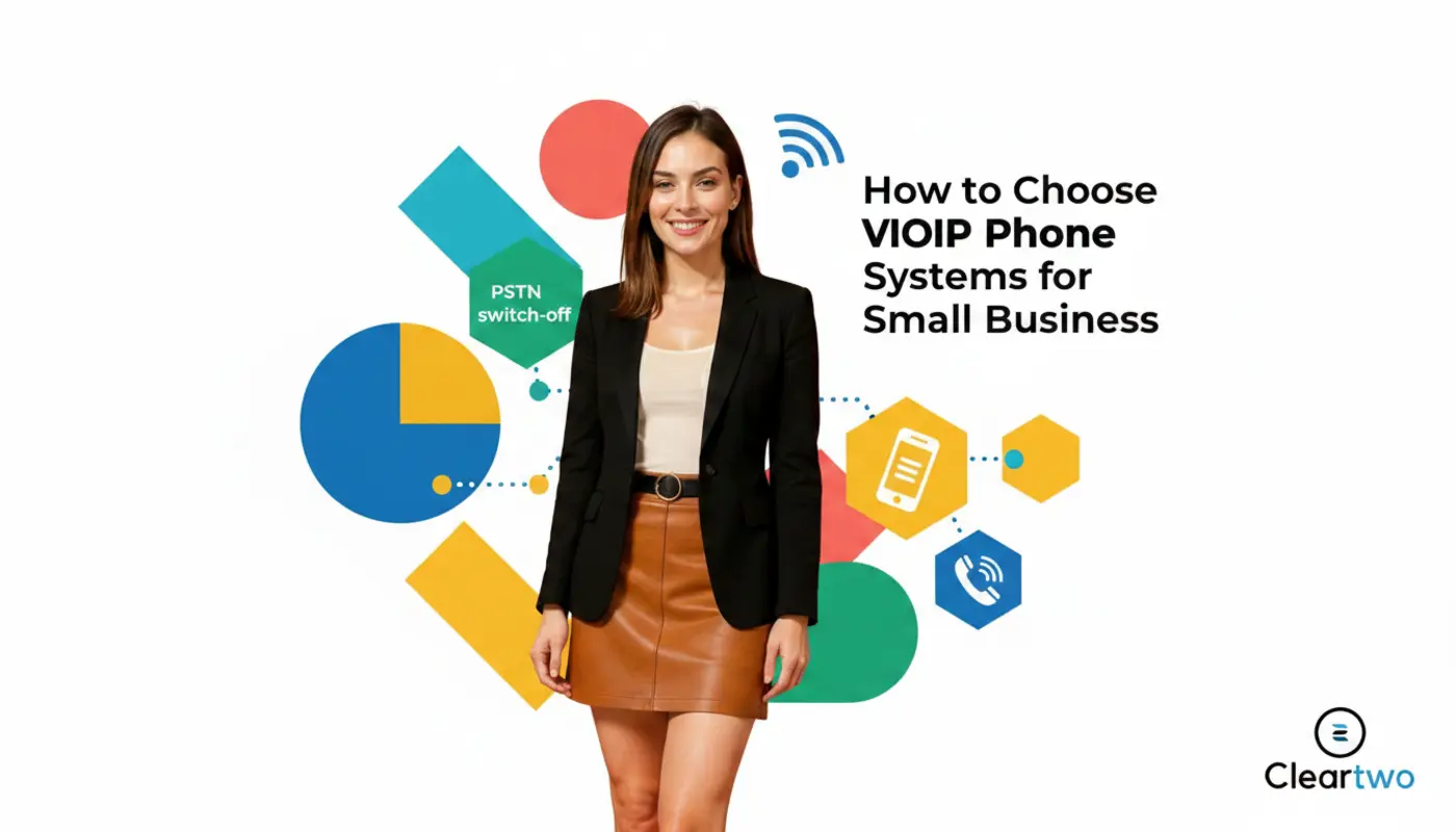 Jessica posed confidently against a bright geometric VoIP‑themed background for a small business telecom article.
