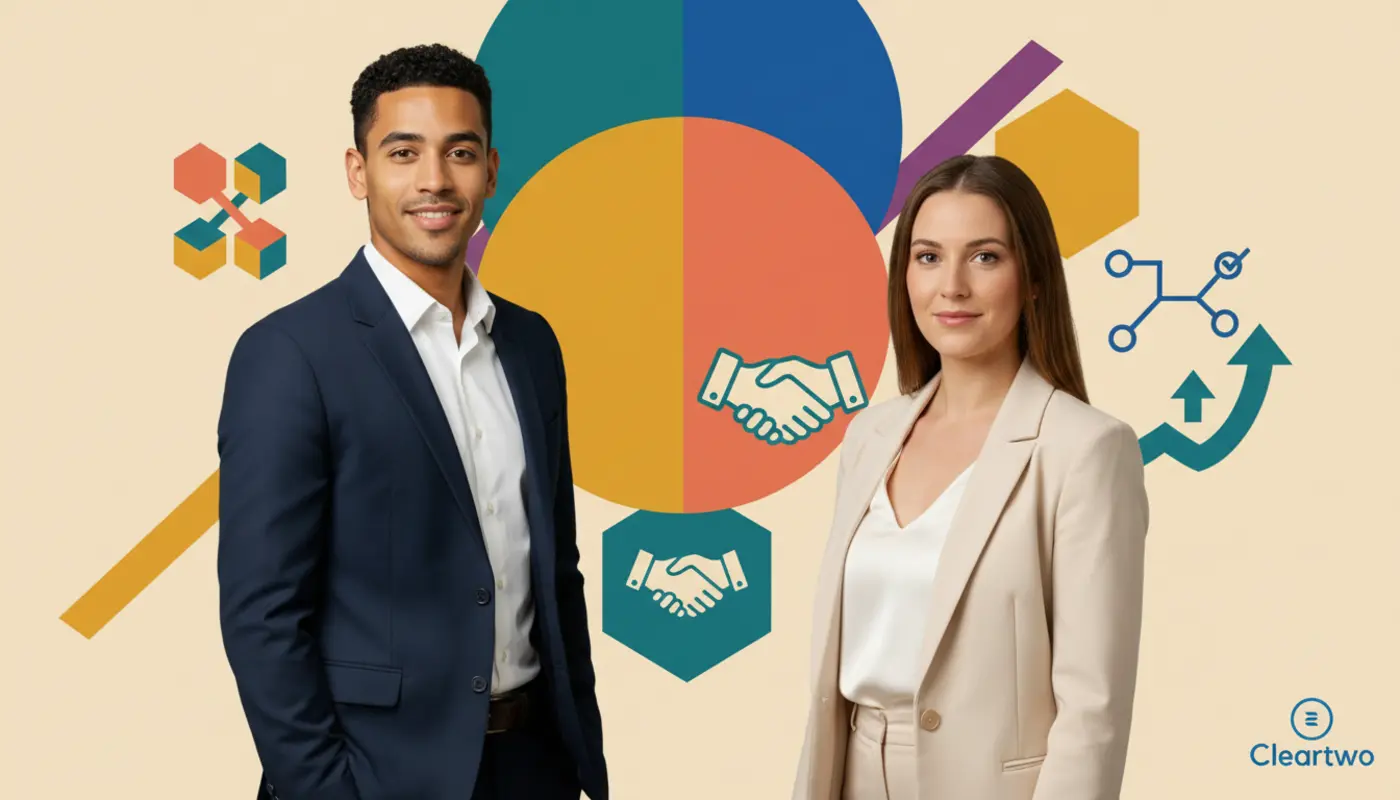 Zak and Jessica standing confidently against a geometric M&A themed backdrop representing UK agency acquisition decision making.