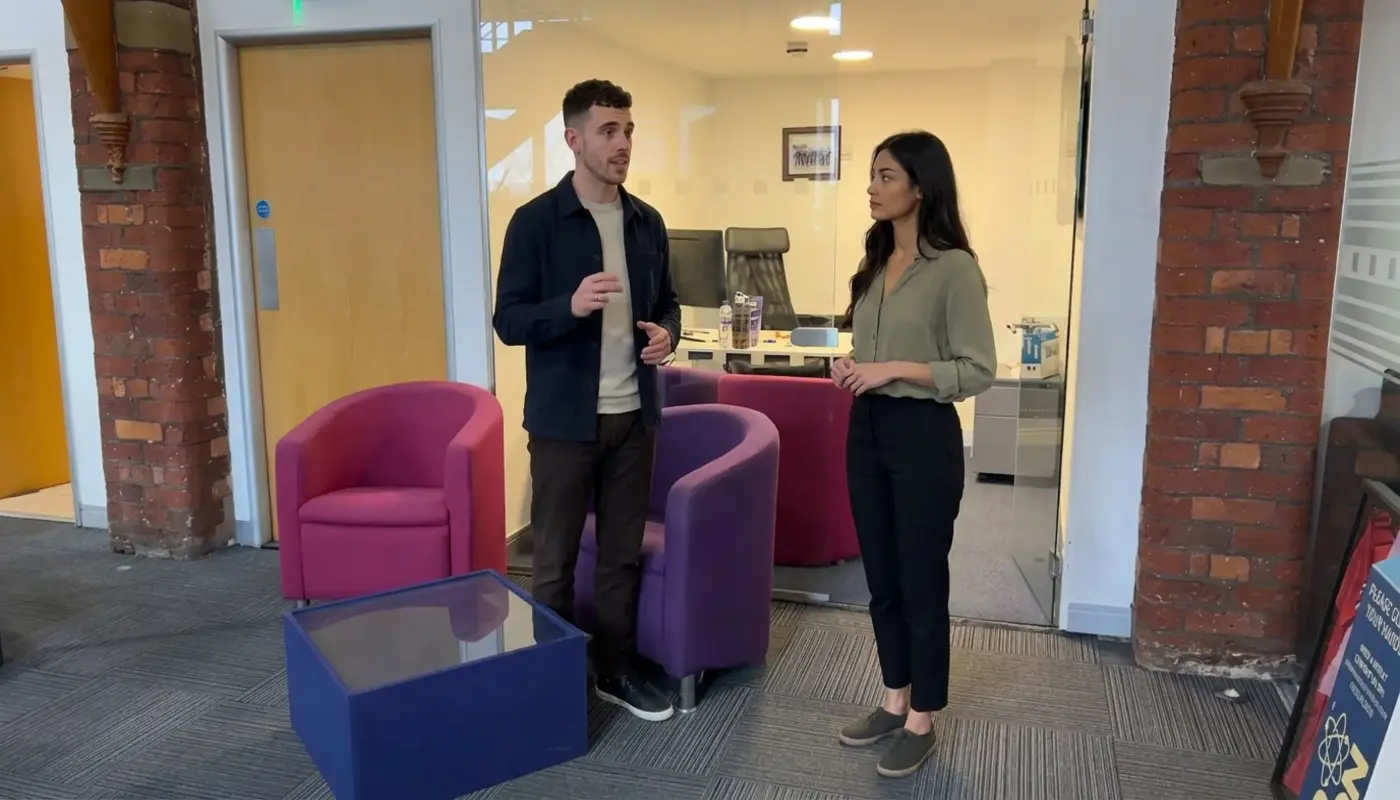 Two colleagues discuss an email campaign plan in a modern office while reviewing strategy together.
