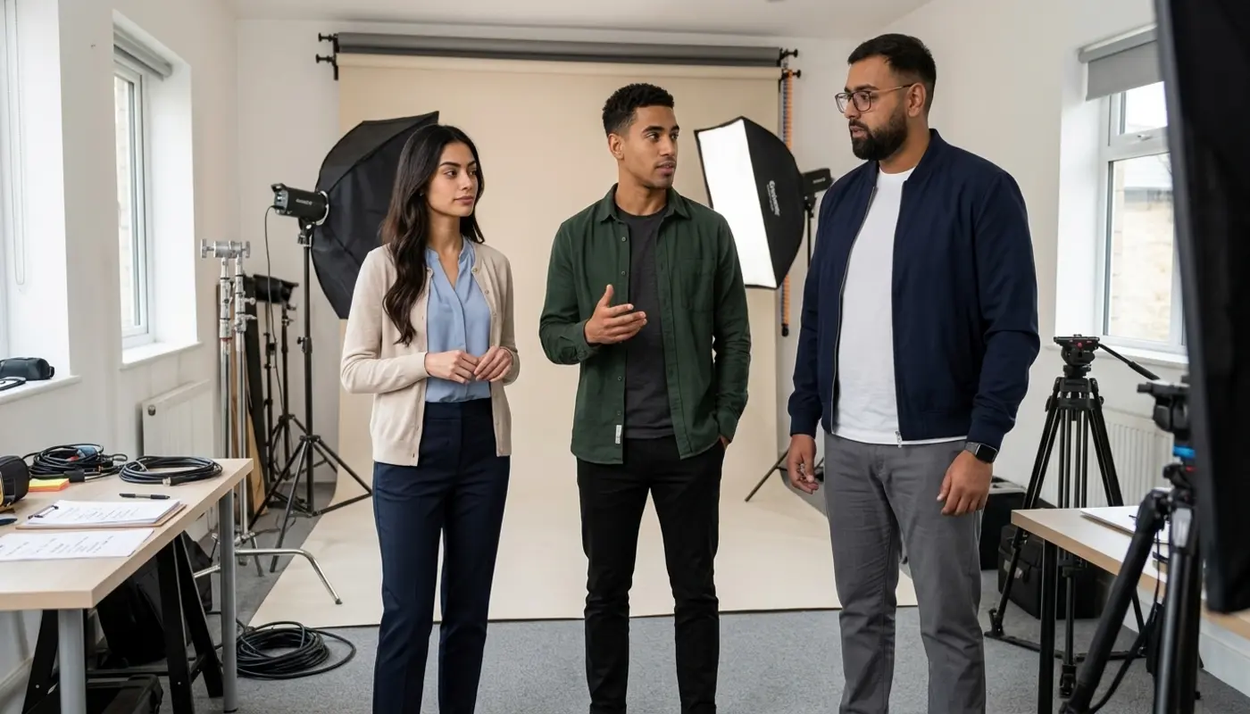 Three colleagues review filming positions inside a UK creator studio while discussing social media content planning.