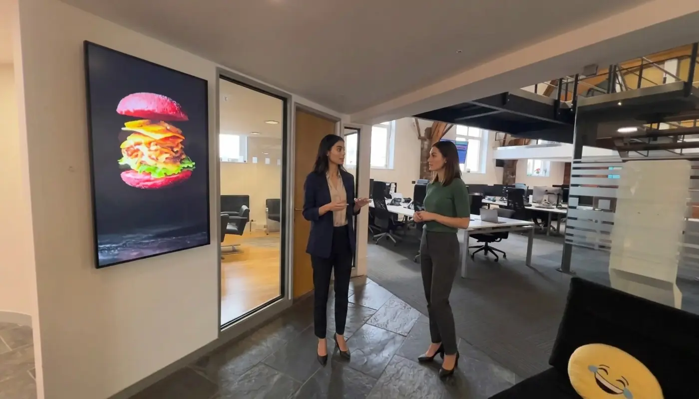 Two professionals discuss content strategy while standing in a modern office collaboration area.