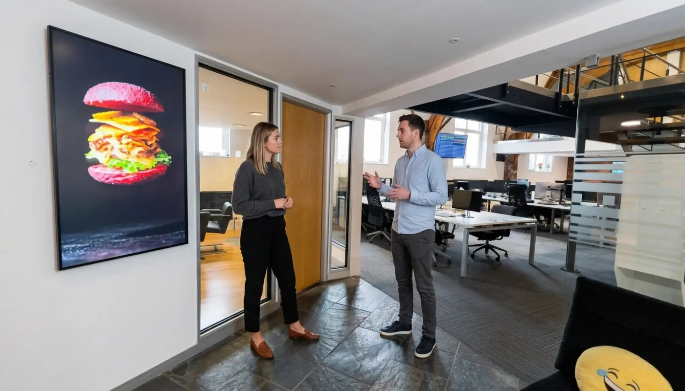 Two colleagues discuss website planning in a modern office while reviewing the space during a work conversation.
