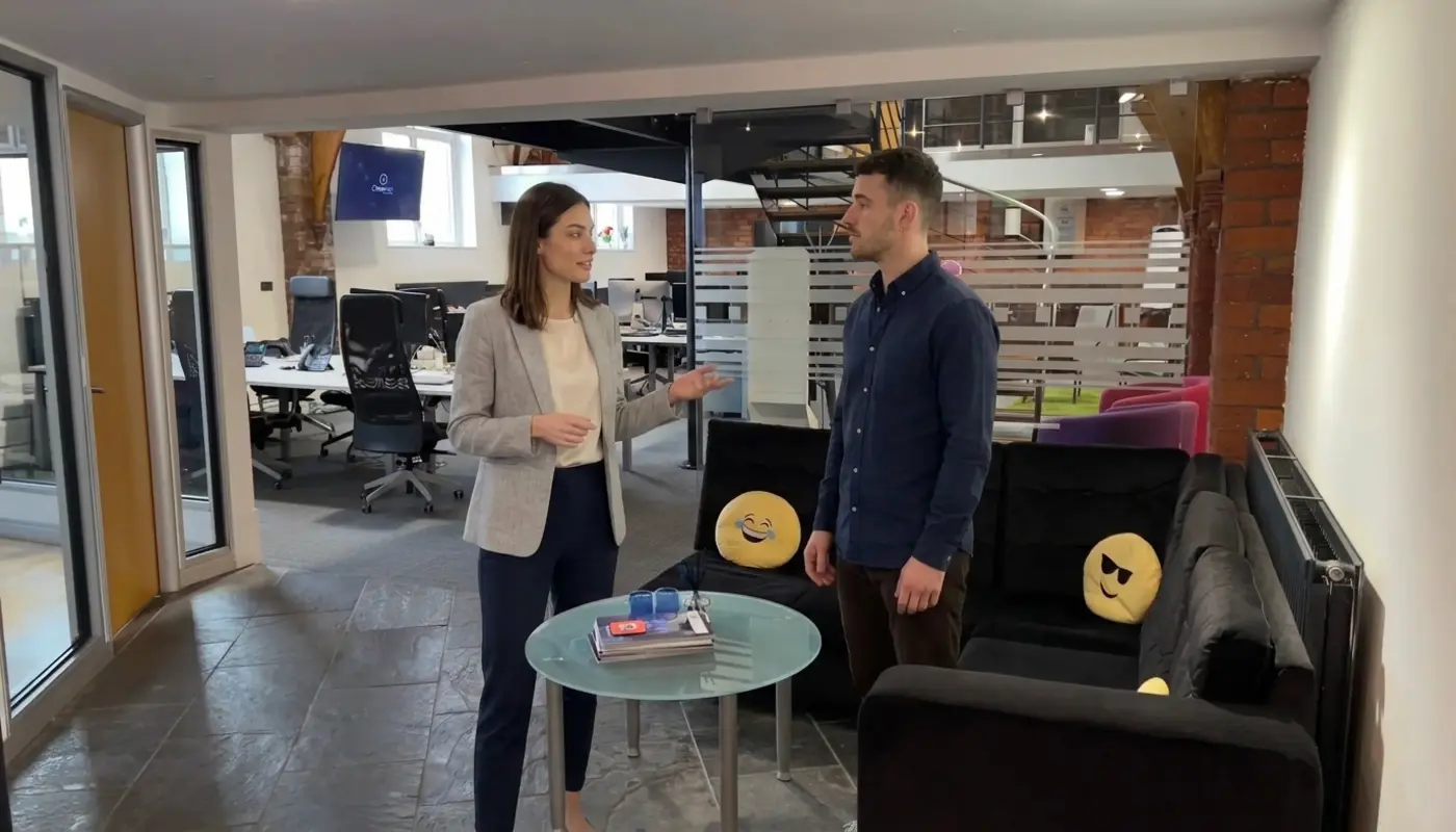 Jessica and Adam discuss early e‑commerce planning while standing in an open area of a UK office.