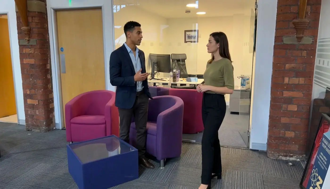 Two colleagues discuss ecommerce launch planning while standing in a Cleartwo office.