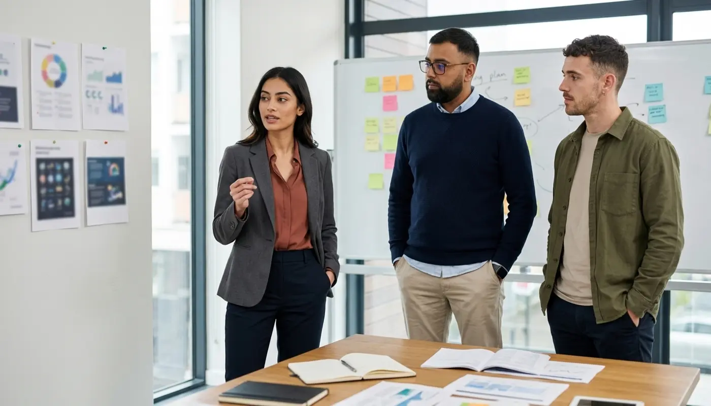 Three marketing professionals discuss campaign planning in a UK office meeting area during an AI strategy session.