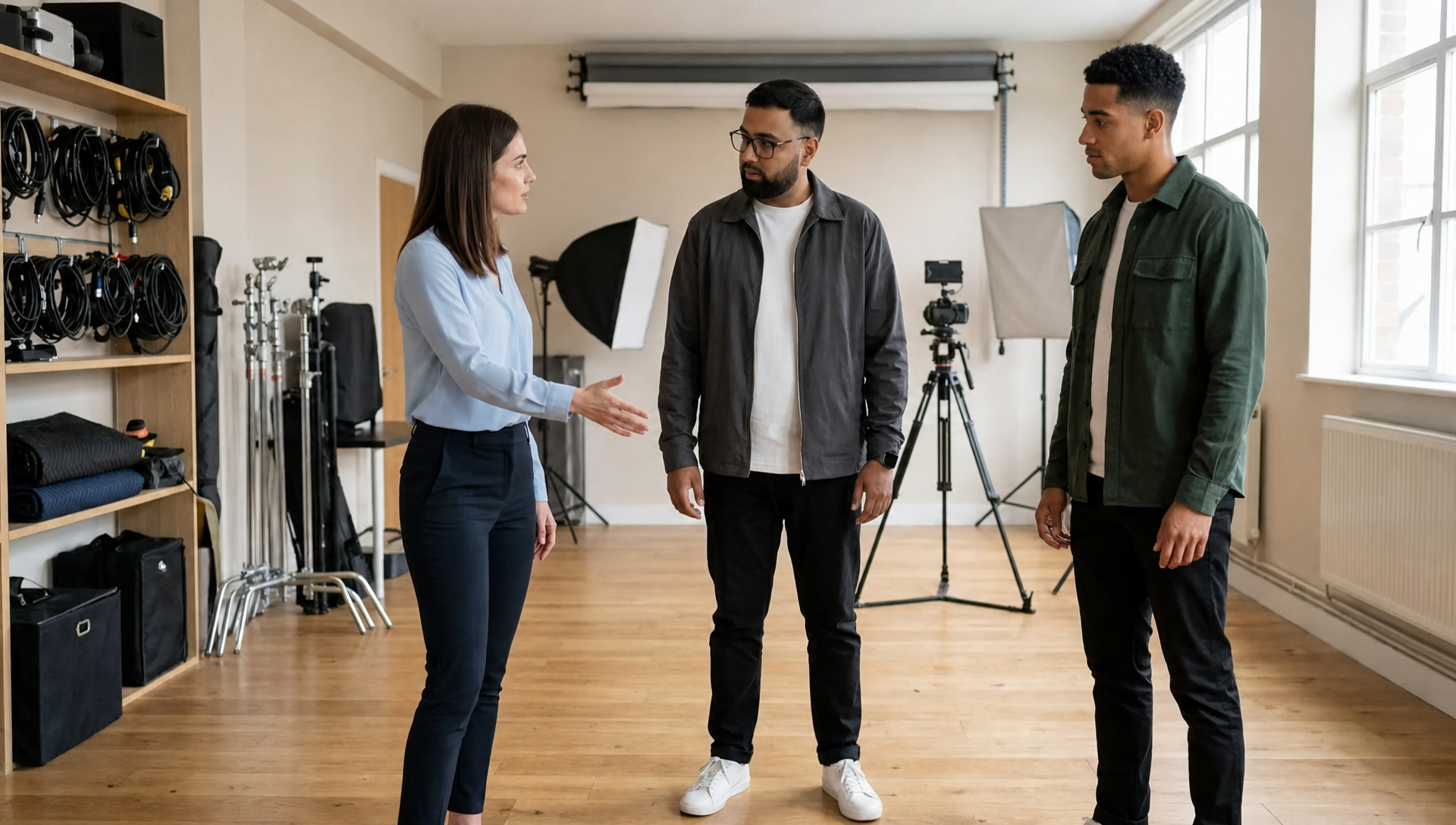 Three colleagues review a filming setup inside a UK creator studio during a collaborative planning discussion.