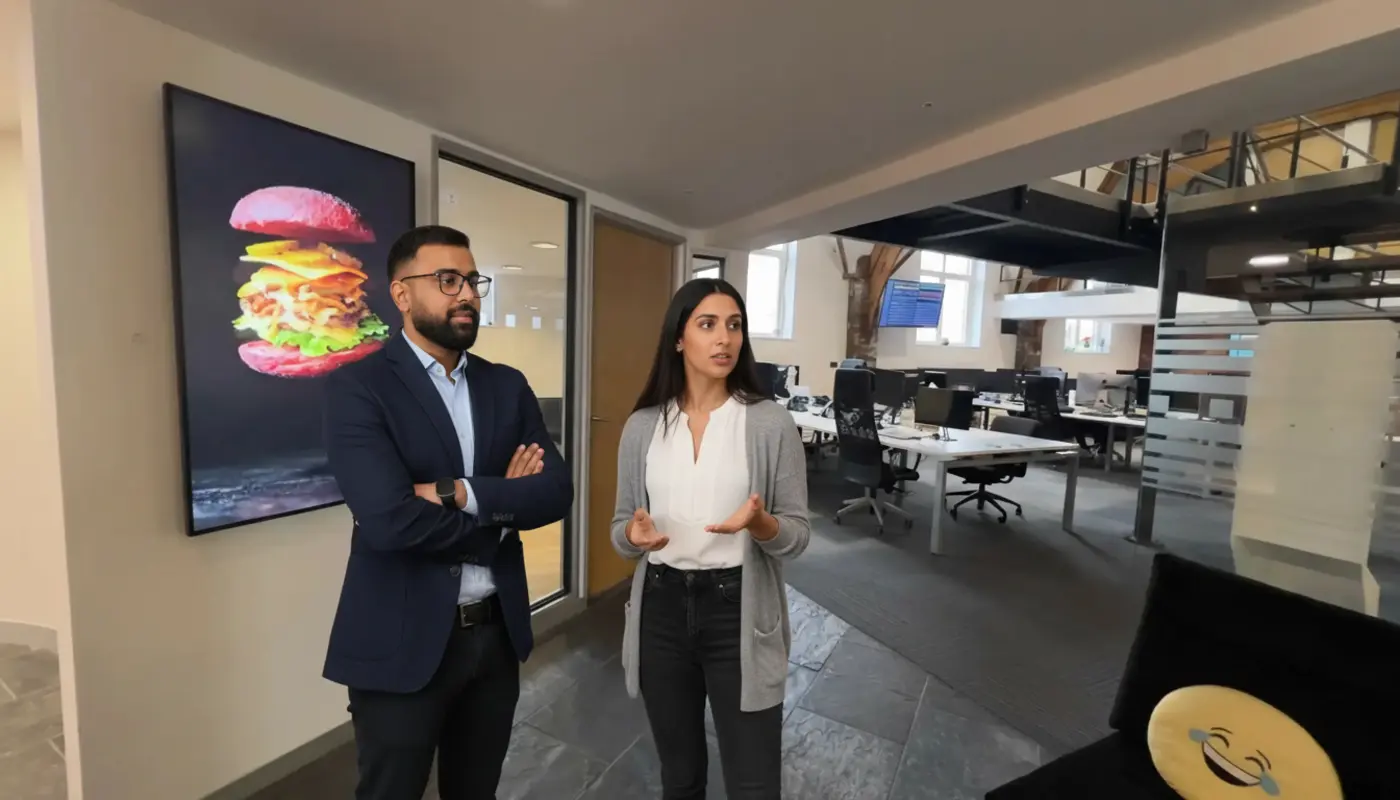 Omar and Sara collaborating in a UK office mid‑discussion.
