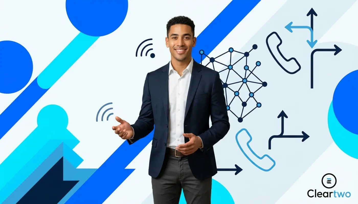 Zak standing against a bright graphic backdrop illustrating reliable VoIP office setup.