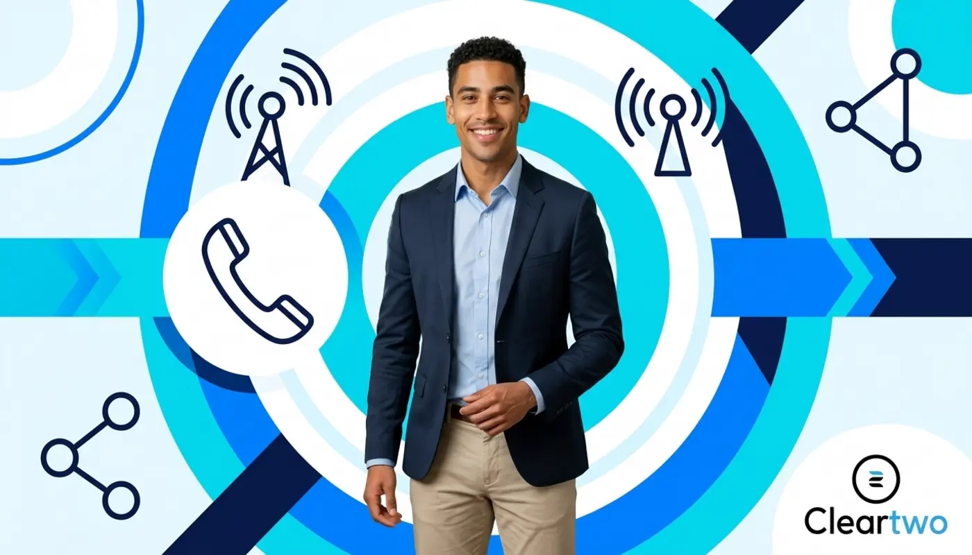 Zak stands before a bright telecom graphic backdrop illustrating flexible VoIP office calling.