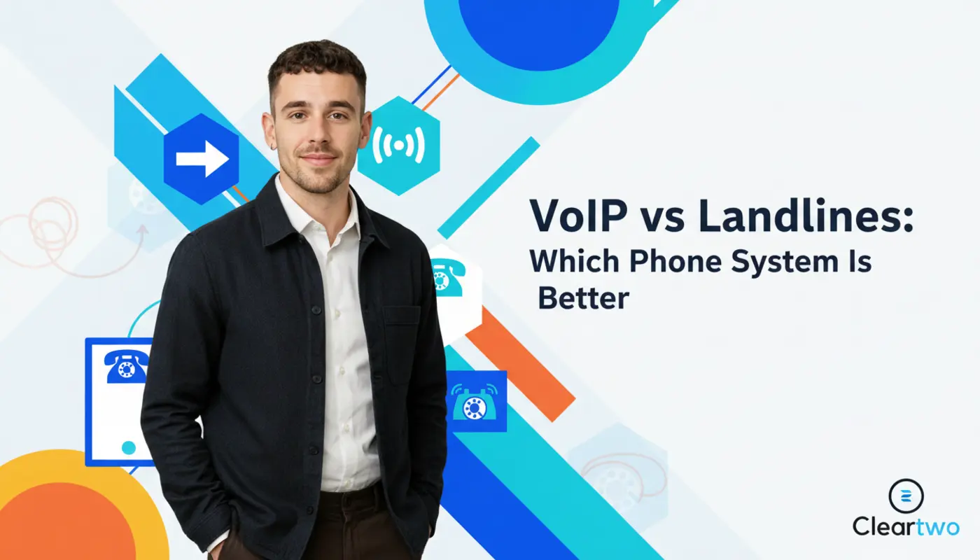 Photorealistic image of Adam against a bold geometric VoIP‑themed illustrated background for a VoIP vs landlines blog.