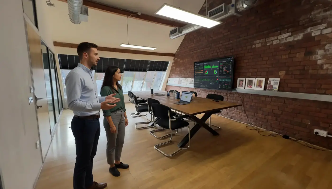 Adam and Sara in a UK office having a natural mid-discussion moment while reviewing managed IT tasks.