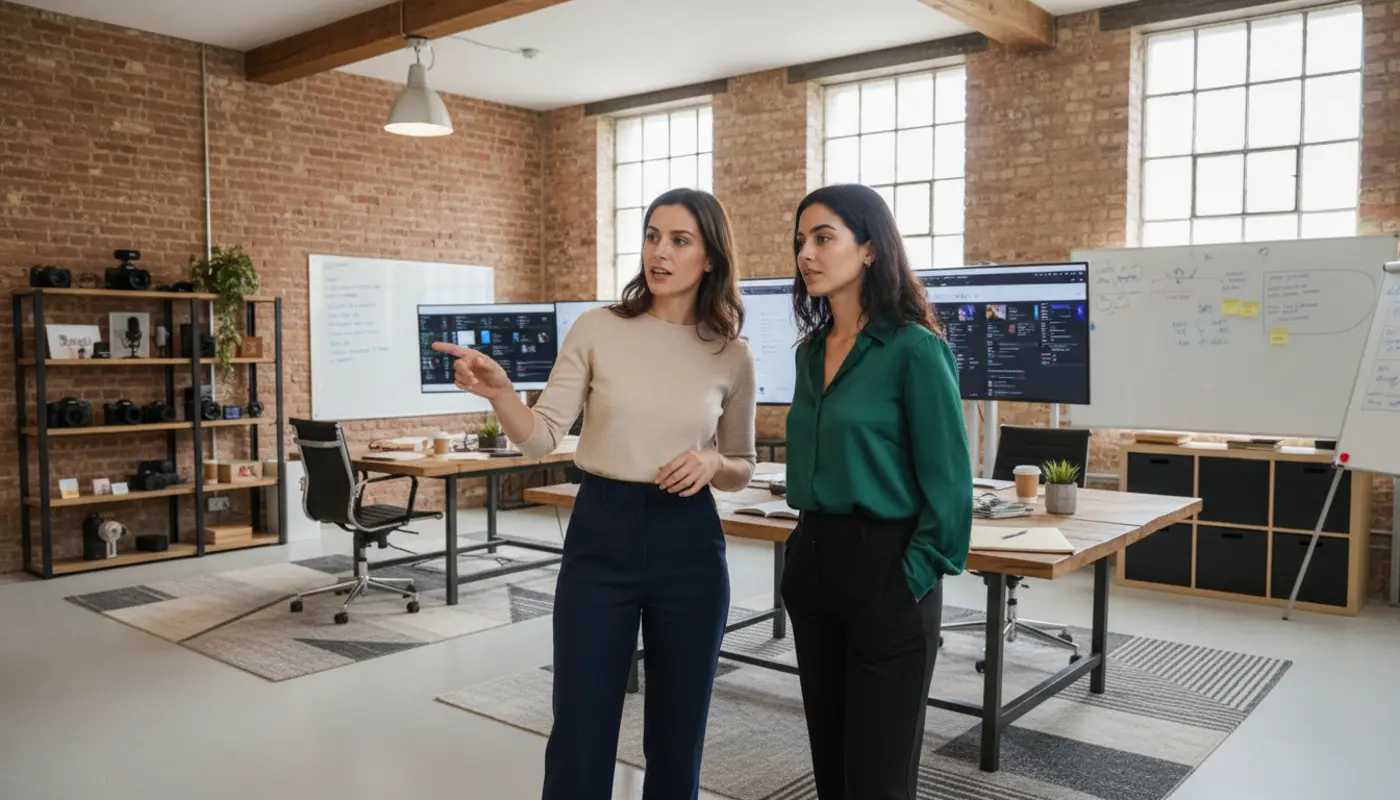 Jessica and Sara discussing social media platform strategy inside a UK creator studio.