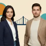 Sara and Adam stand confidently against a bold geometric editorial backdrop symbolising staff and client stability during an agency sale.
