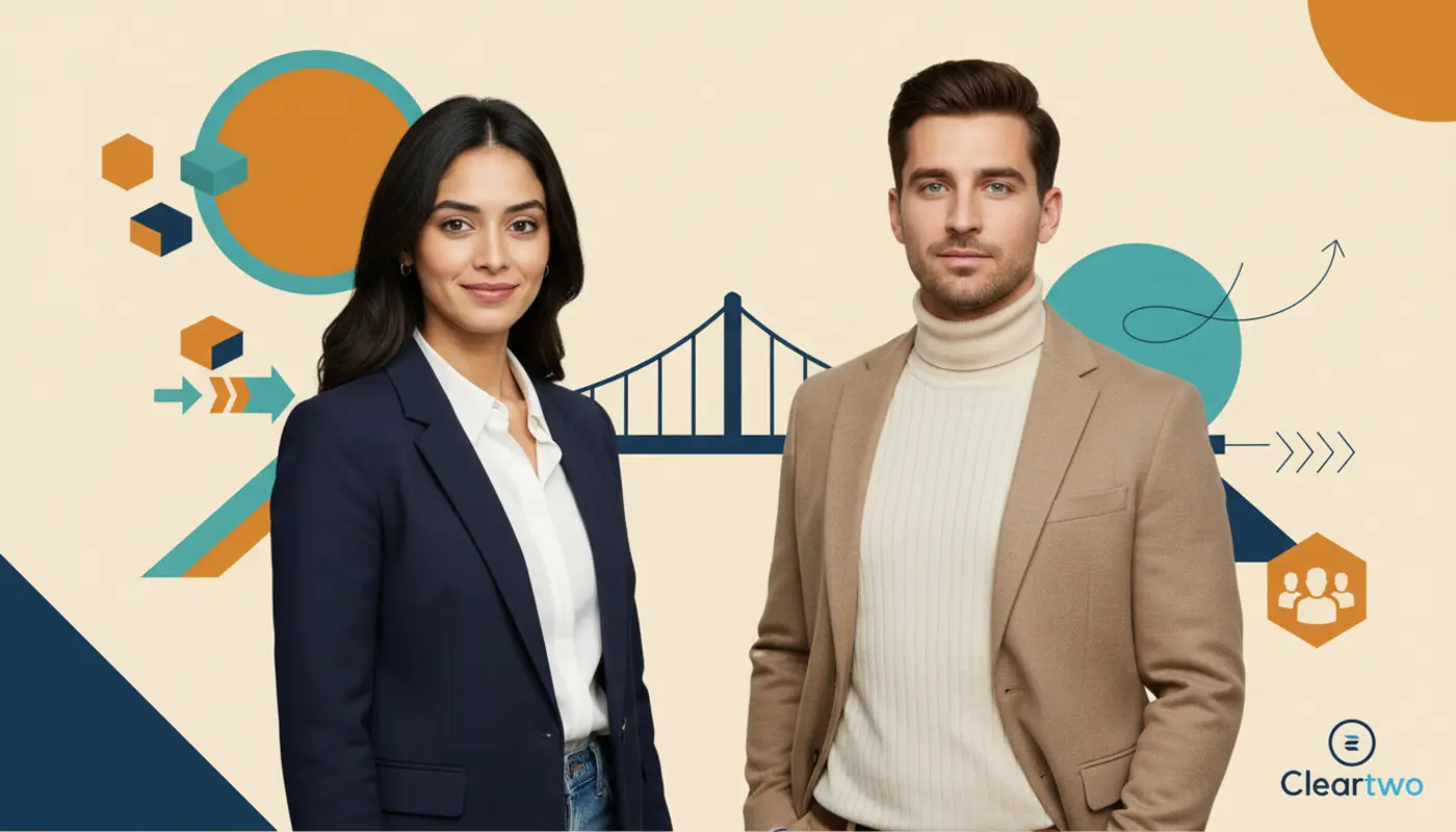 Sara and Adam stand confidently against a bold geometric editorial backdrop symbolising staff and client stability during an agency sale.