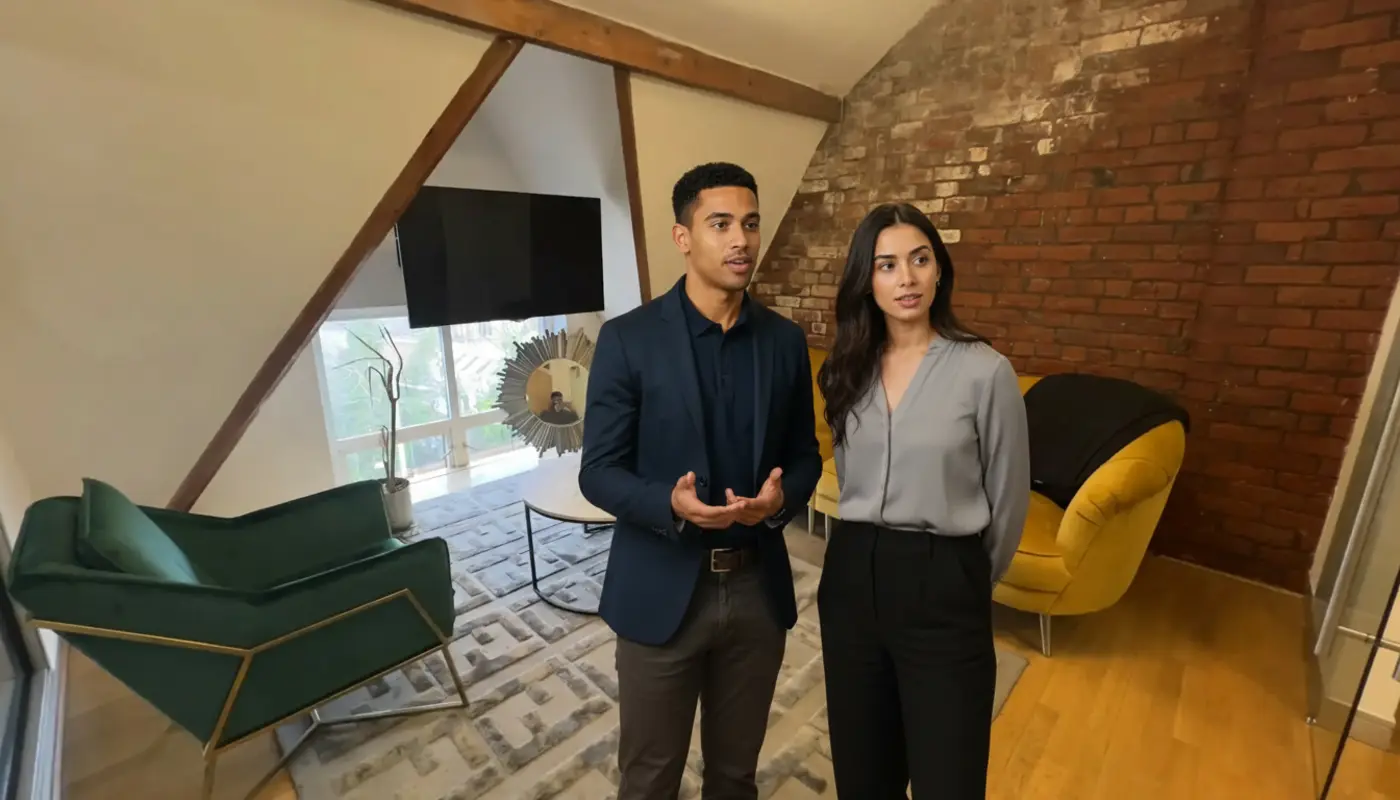 Zak and Sara discussing AI concepts inside a UK office, mid‑conversation.