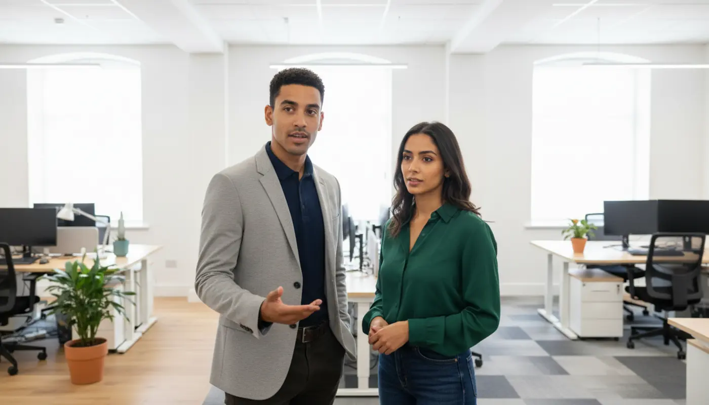 Zak and Sara collaborating in a UK office, mid-discussion.