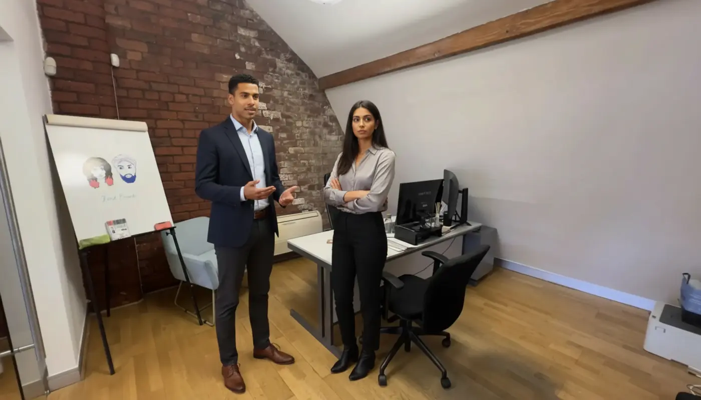 Zak and Sara having a natural AI-focused discussion inside a UK office environment.