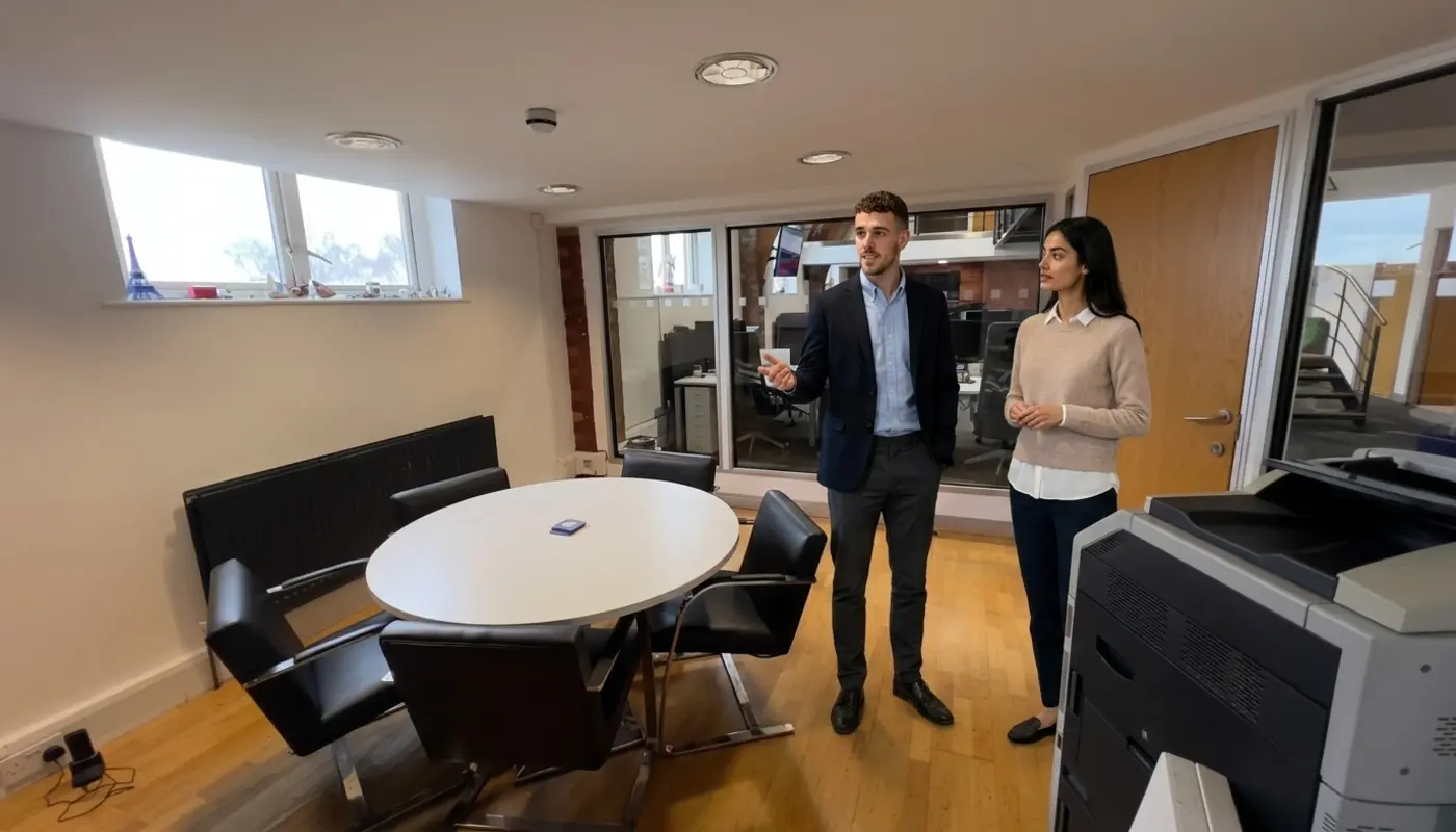 Two colleagues discuss an Office 365 setup walkthrough while standing naturally in a UK office workspace.