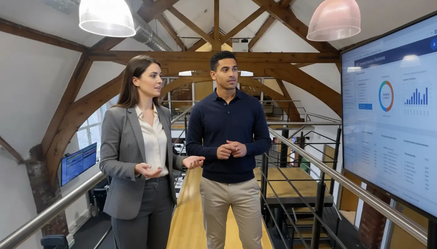 Jessica and Zak discussing PPC strategy inside a UK digital marketing office.